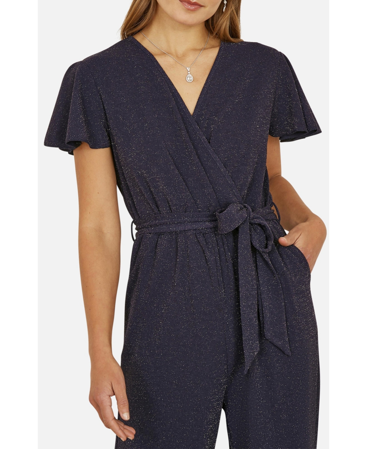 Yumi Women's Sparkle Stretch Wrap Over Jumpsuit