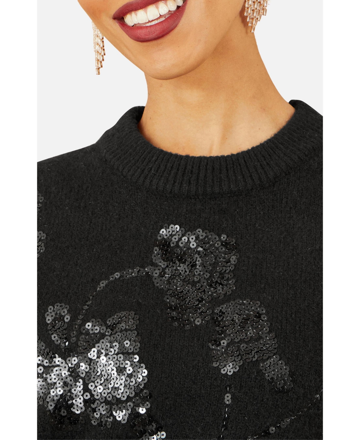 Yumi Women's 's Relaxed Fit Floral Sequin Sweater