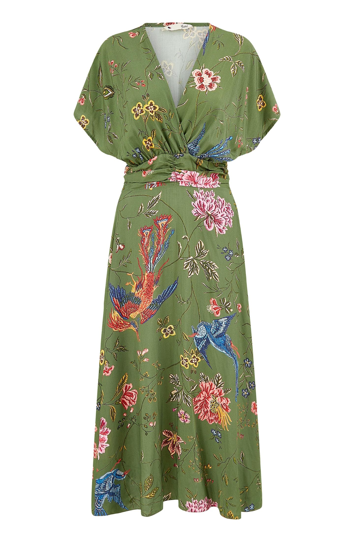 Женское платье Yumi Ruched Waist Kimono Sleeve Midi, цвет: Зелёный — фото 2