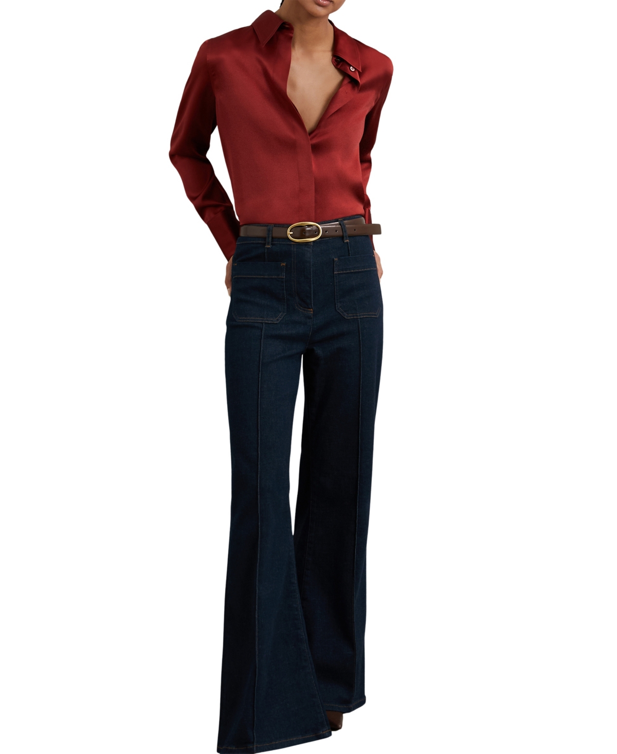 Reiss Dark Red Silk-satin Concealed-placket Shirt In Red