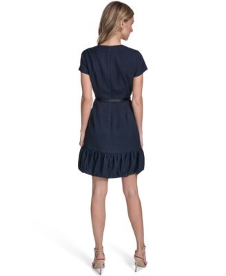 Petite Bubble Hem Belted Short-Sleeve Dress
