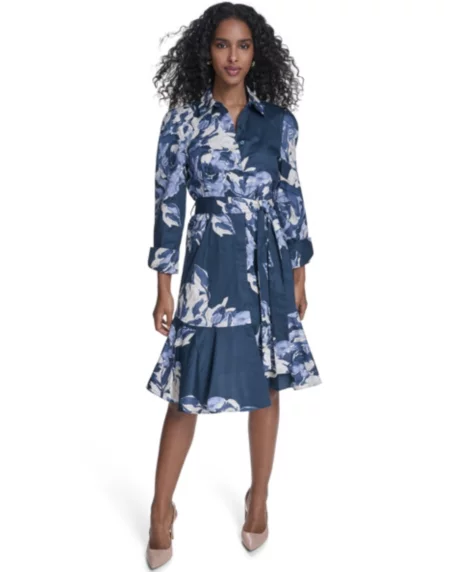 Petite Printed Long-Sleeve Shirt Dress - Vintage Indigo Multi