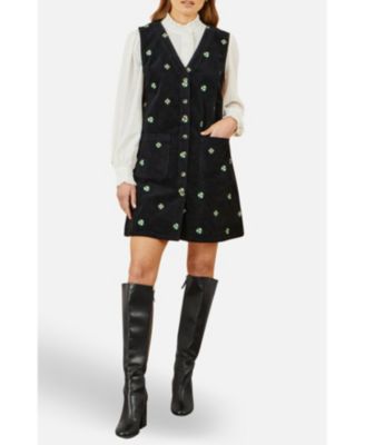 Women's Embroidered Button Up Pinafore Dress