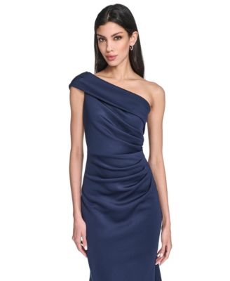 Women's Asymmetric-Neck Side-Pleat Scuba Gown