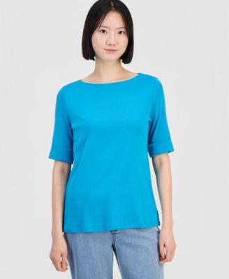 Women's Boat-Neck Elbow Sleeve Cotton Top