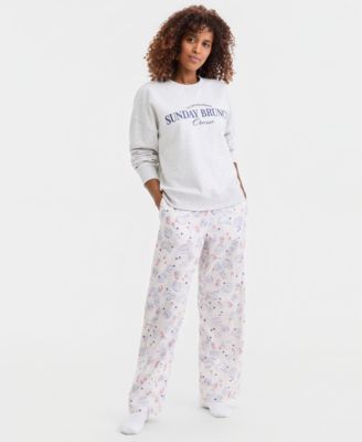 Women's Terry Crewneck Sweatshirt & Poplin Pajama Pants, Macy's Exclusive