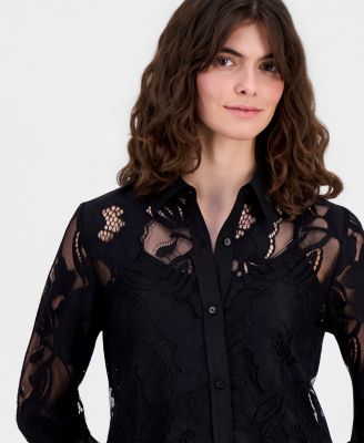Women's Collared Floral-Lace Button-Front Shirt