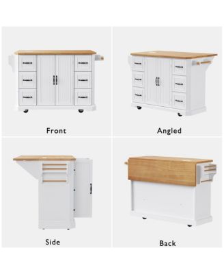 CASAINC 56" Kitchen Island Cart, Drop Leaf, Power Outlet, 4 Shelves, 6 Drawers, Rubber Wood Veneer, Rolling for Dining Room