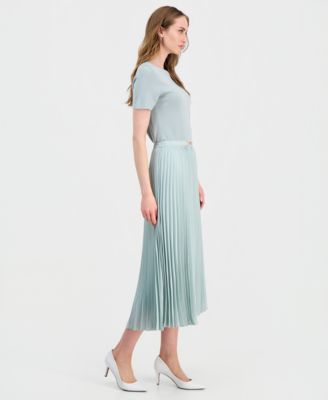 Women's Pleated Pull-On Belted Midi Skirt