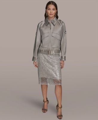 Women's Collared Front Zip Belted Jacket