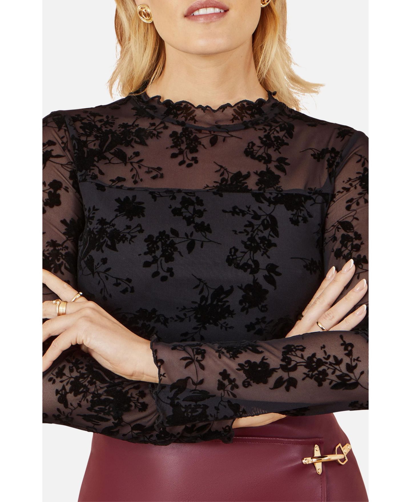 Женский топ Yumi Flocked Floral Stretch Mesh, цвет: Чёрный — фото 4