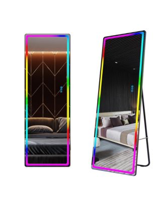 Wall-mounted or freestanding rectangular full-length mirror with adjustable RGB lighting.