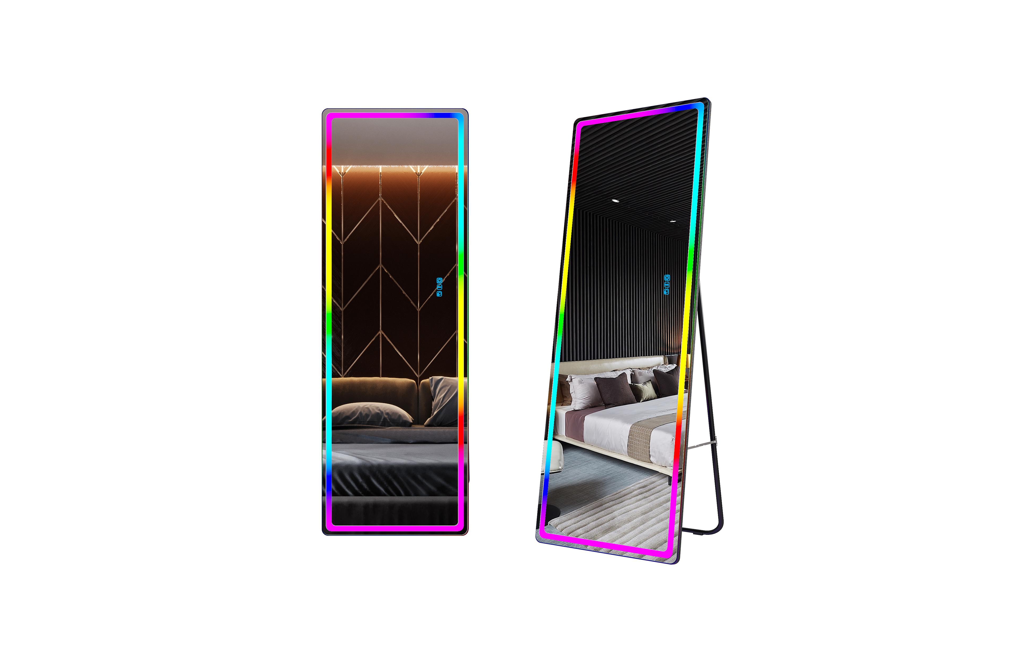 Vlsrka Wall-mounted or freestanding rectangular full-length mirror with adjustable Rgb lighting.