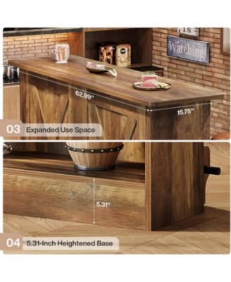 2-Tier Kitchen Storage Island, 63-Inch Bar Cabinet, Brown