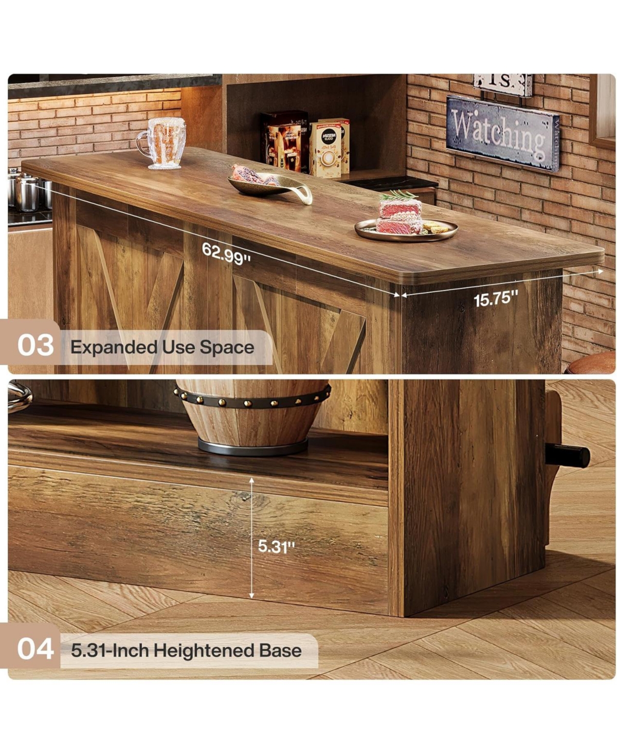 Tribesigns 2-Tier Kitchen Storage Island, 63-Inch Bar Cabinet, Brown