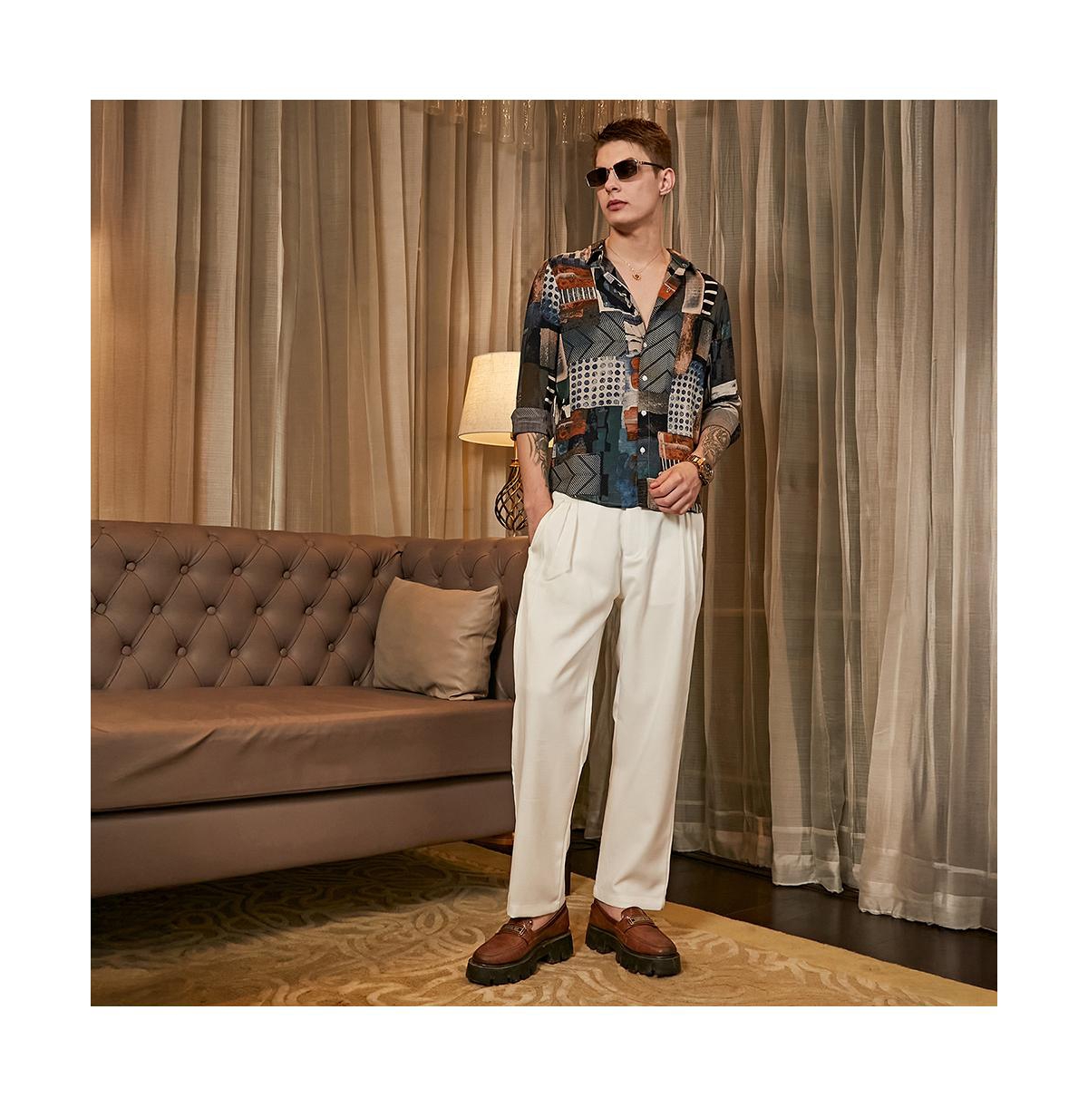 Campus Sutra Men's Indigo Blue & Coffee Brown Earthy-Abstract Shirt