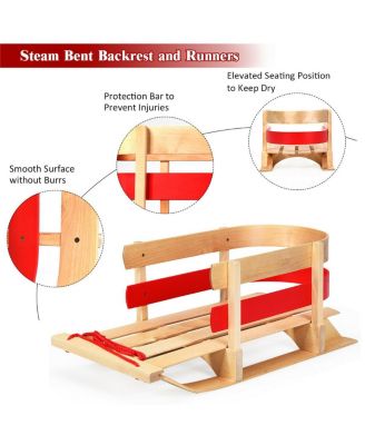 Wooden Snow Sled for Kids Classic Pull Sled with Backrest and Rope