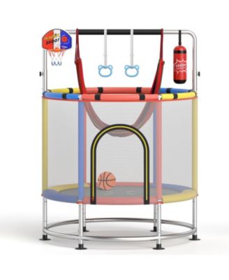6 In 1 Kids Trampoline With Basketball Hoop Gymnastics Bar And Safety Net
