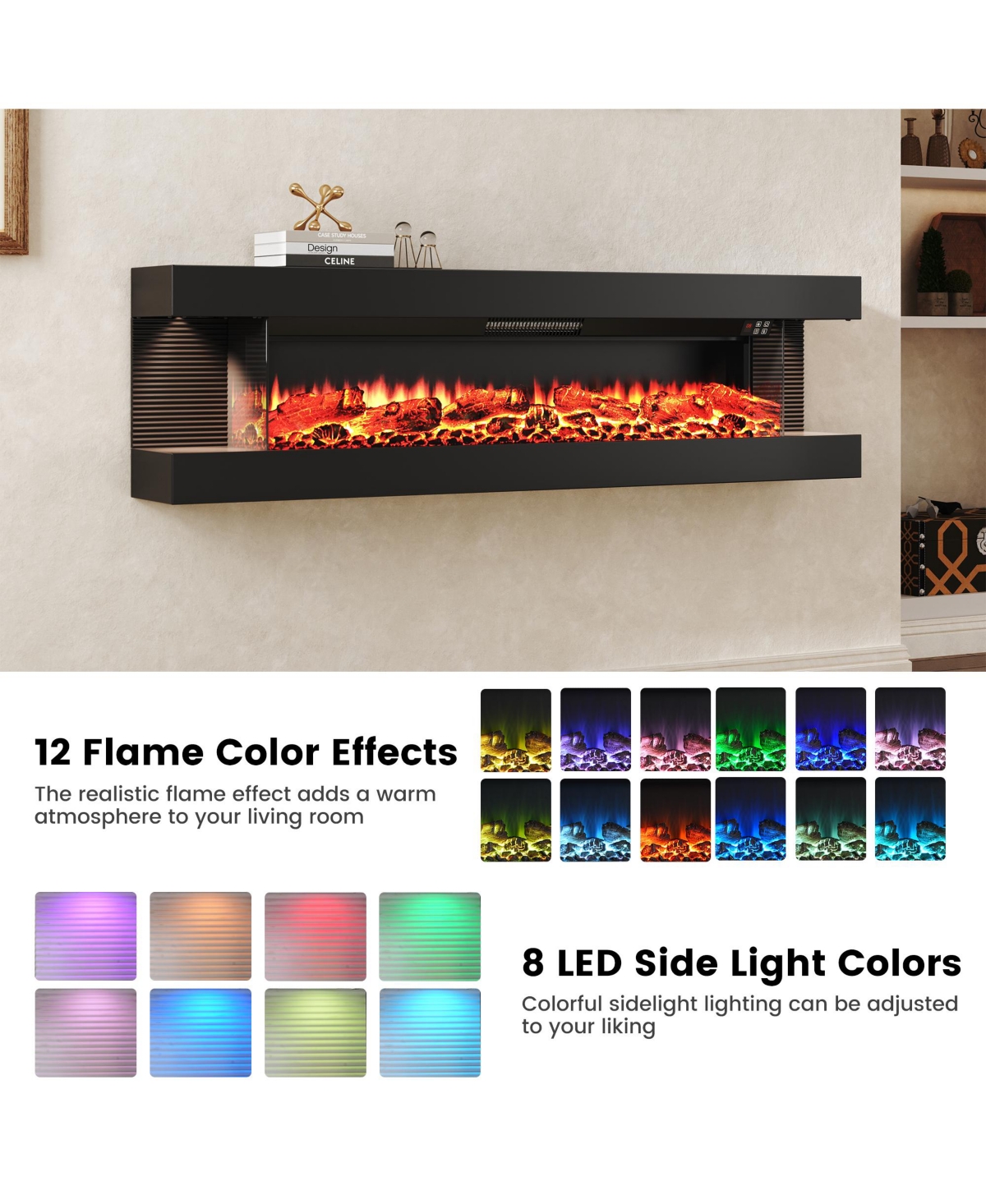 Clihome Inches Wall-Mounted Electric Fireplace With Led Lighted Mantel And Remote