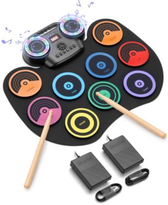 Colorful Roll-Up Electronic Drum Set with Flashing Lights, Dual Speakers & Headphone Jack for Kids