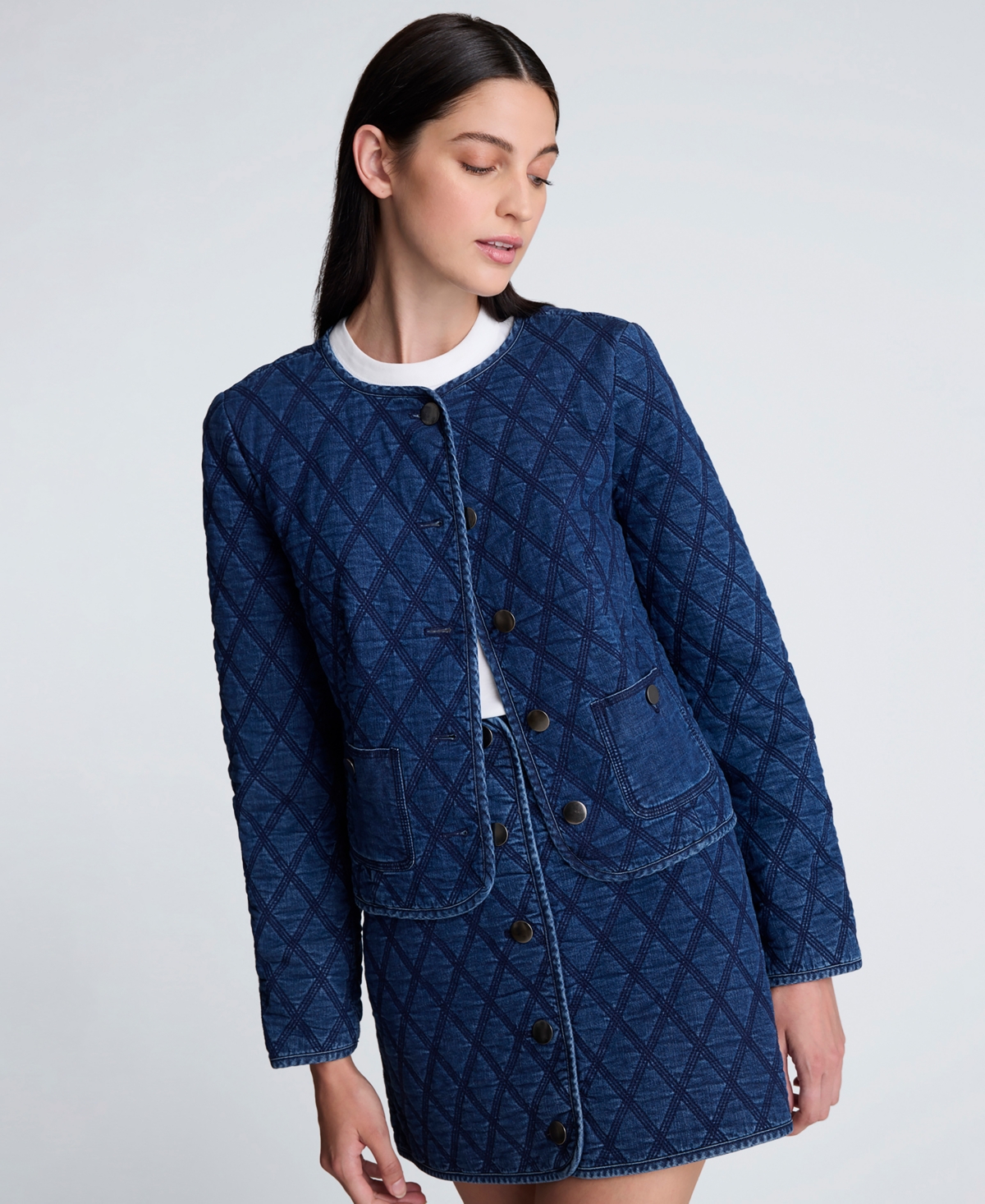 Kenneth Cole Denim Quilted Collarless Jacket In Blue