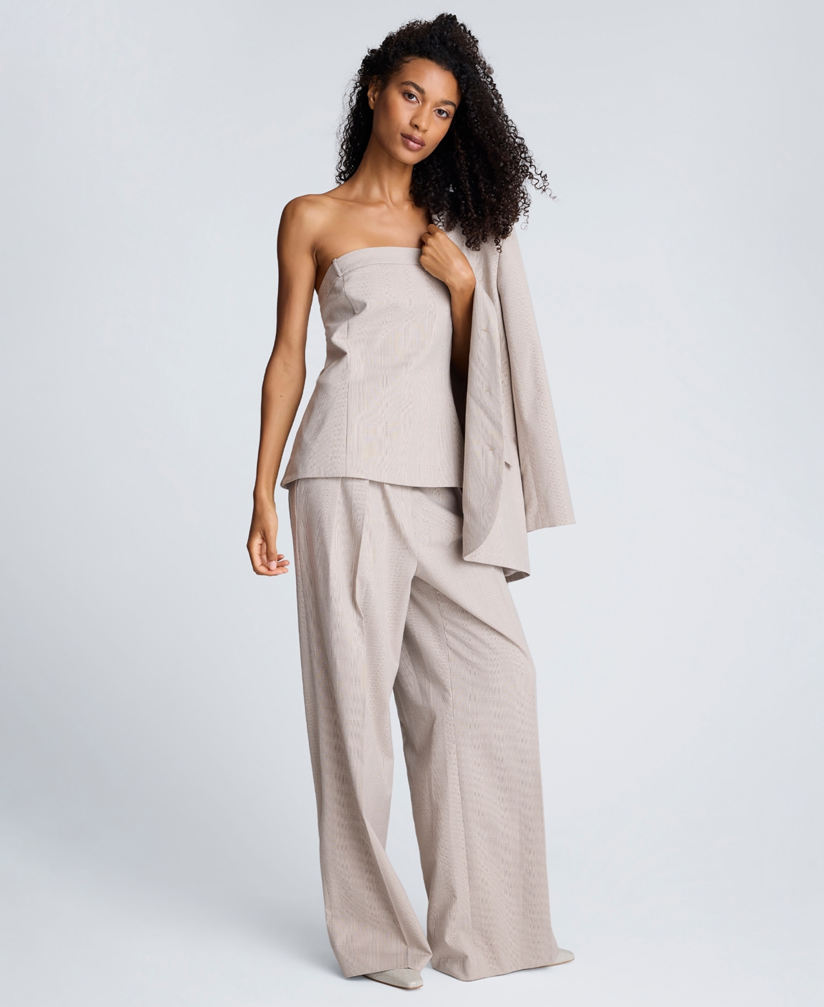 Kenneth Cole Plaid High Rise Fly Front Wide Leg Double Pleat Front Pant In Neutral