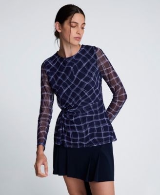 Women's Knotted Waist Plaid Long-Sleeve Top