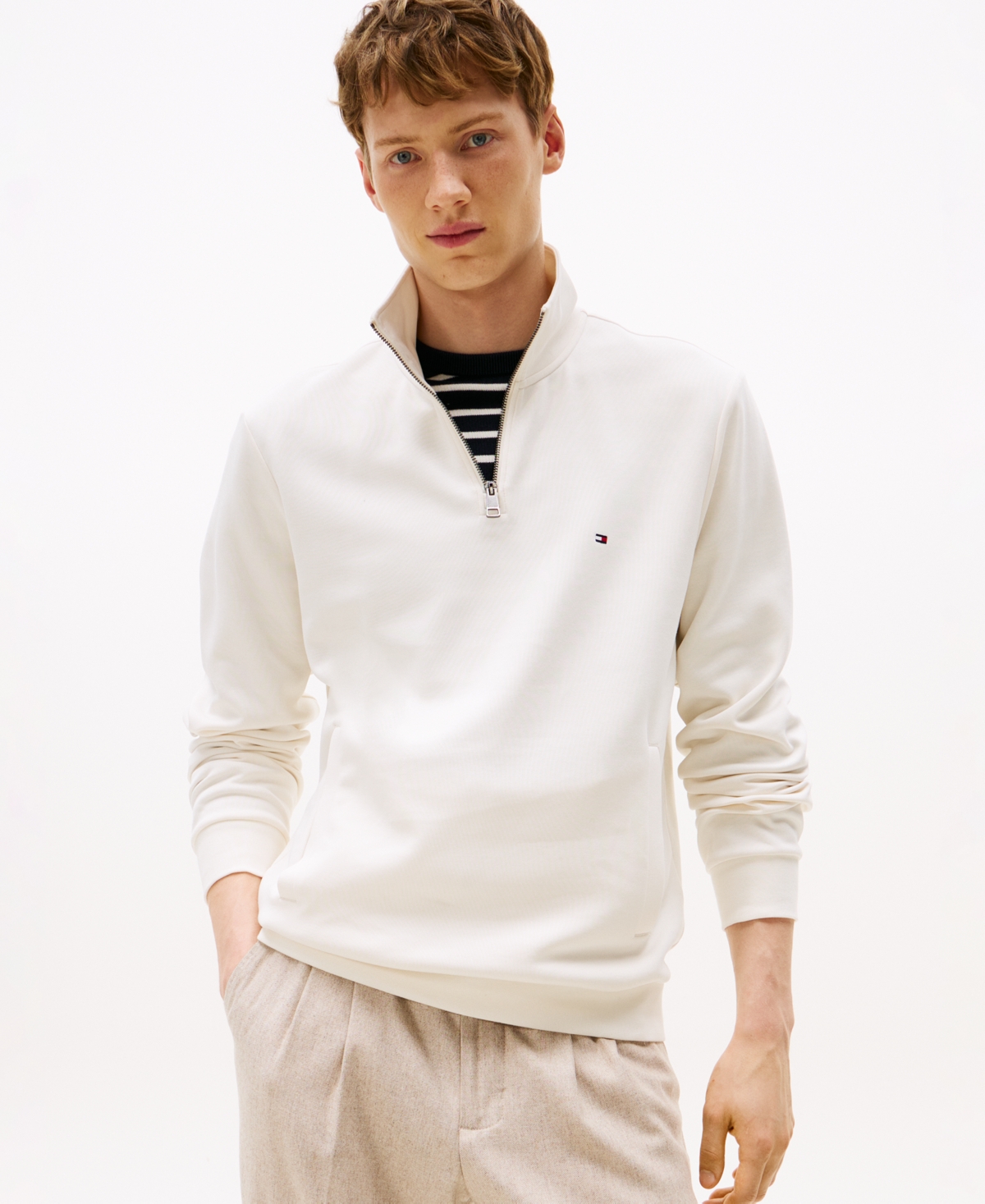 Tommy Hilfiger Men's Essential Intechno Knit Regular-Fit 1/4-Zip Sweatshirt - Ivory Petal