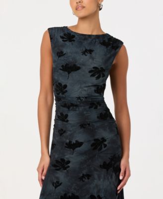 Women's Velvet Floral Mesh Boat Neck Midi Dress