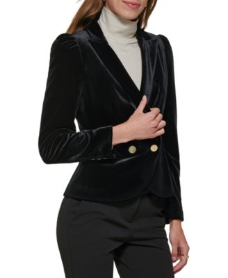 Petite Notch Collar Puff-Sleeve Velvet Jacket