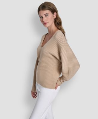Women's V-Neck Long-Sleeve Rib-Knit Sweater 