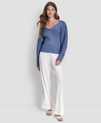 Women's V-Neck Long-Sleeve Rib-Knit Sweater 