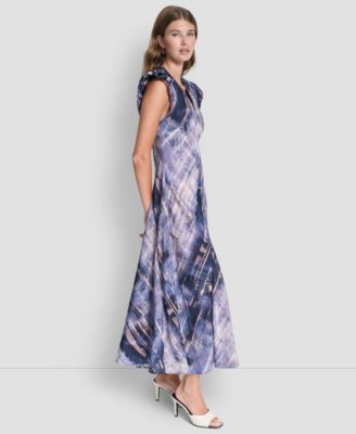 Women's Puff-Sleeve Printed Satin Bias Cut Dress