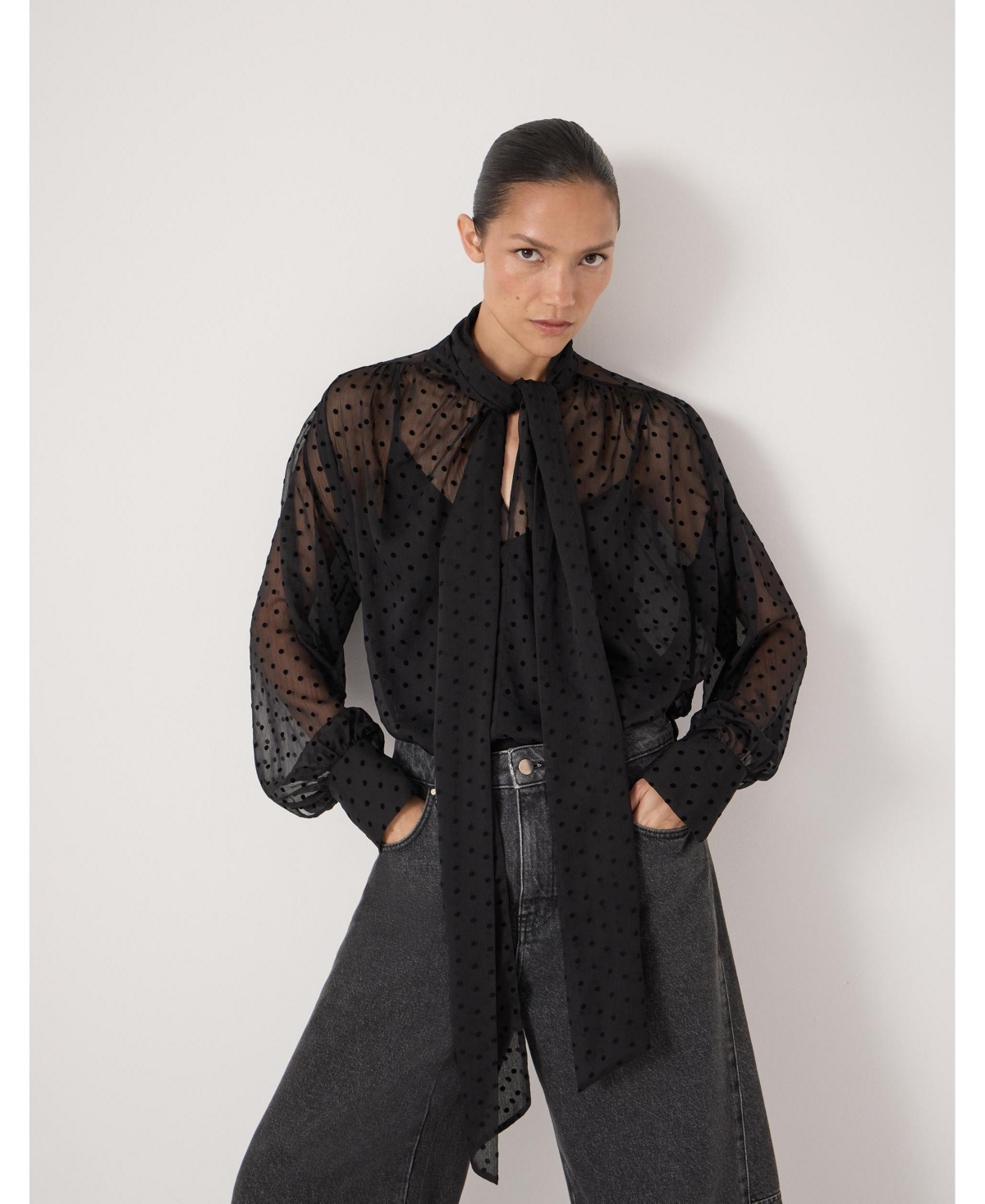 Hush Women's Tie Neck Flocked Spot Blouse