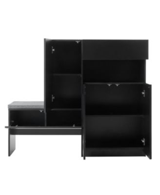 Shoe Storage Bench with Cushion Seat, Doors, and Shelves