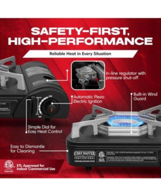 Portable Butane Camping Stove, Piezo Ignition 7,650 BTU Output, Wind-Guard Portable Stove Burner with Portable Carrying Case for Emergencies, Trips