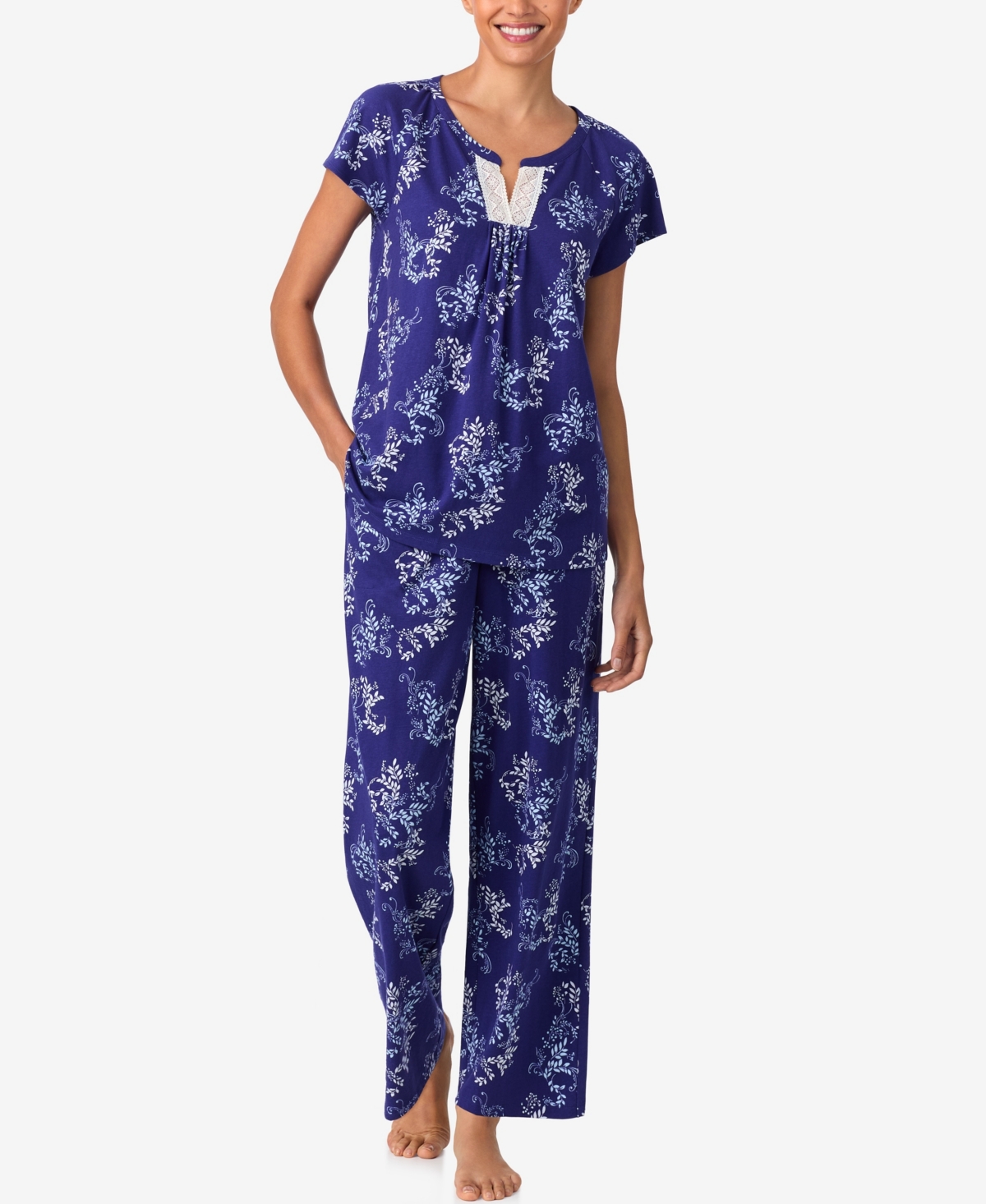 Aria Sleepwear Brushed Cotton Cap Sleeve Long Pant Pj Set In Blue