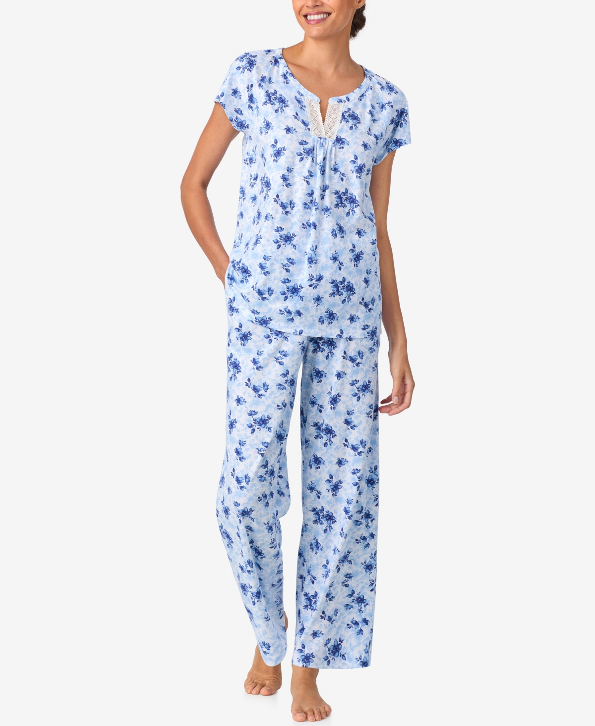 Aria Sleepwear Brushed Cotton Cap Sleeve Long Pant Pj Set In Blue