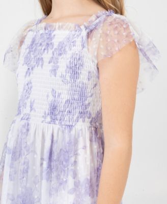 Girls 7-16 Clip Dot Mesh Smocked Bodice Dress