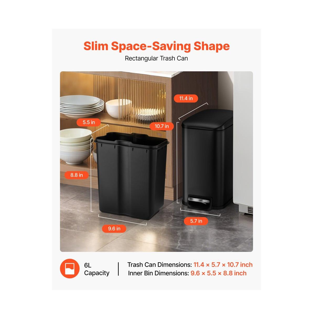 Slickblue Slim 6L Bathroom Trash Can with Step Pedal, Soft-Close Lid & Detachable Bin, Black