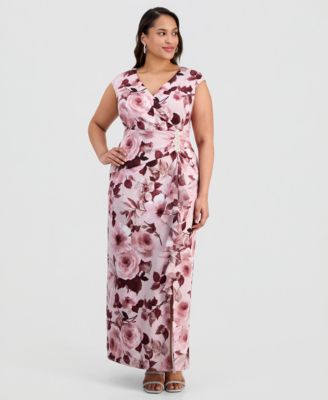 Plus Size Floral-Print Surplice-Neck Gown