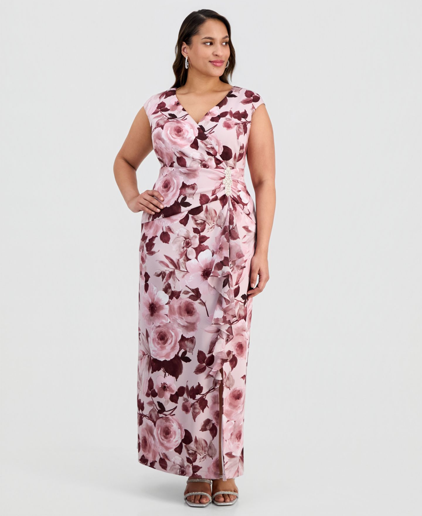 Женское платье Connected Plus Size Floral-Print Surplice-Neck Gown, цвет: Розовато-лиловый розовый — фото 1