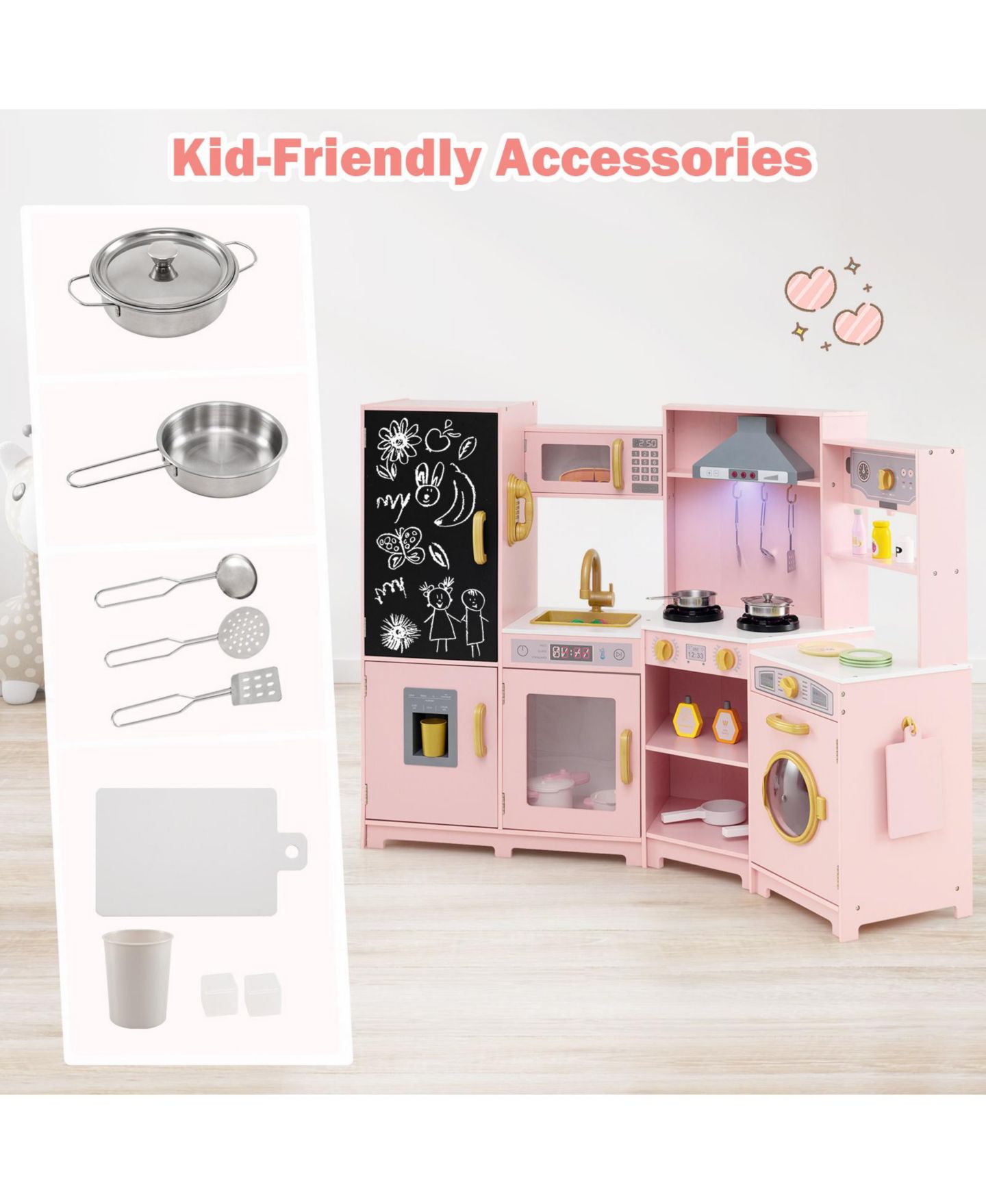 Детская игрушка Gymax Corner Kids Play Kitchen Wooden Pretend Toy Kitchen with Realistic Lights, цвет: Розовый — фото 8