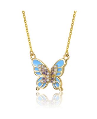 Teens 14k Gold Plated with Shades of Purple Cubic Zirconia Blue Enamel Butterfly Pendant Necklace