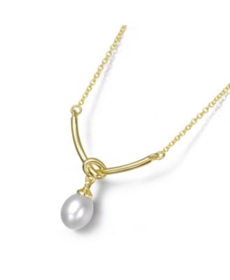 Sterling Silver 14K Gold Plated with White Egg Shapped Freshwater Pearl Y-Shapped Necklace