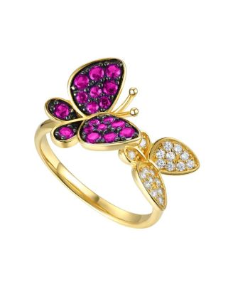 14k Gold Plated Sterling Silver with Red &  Cubic Zirconia Double Butterfly Stacking Ring