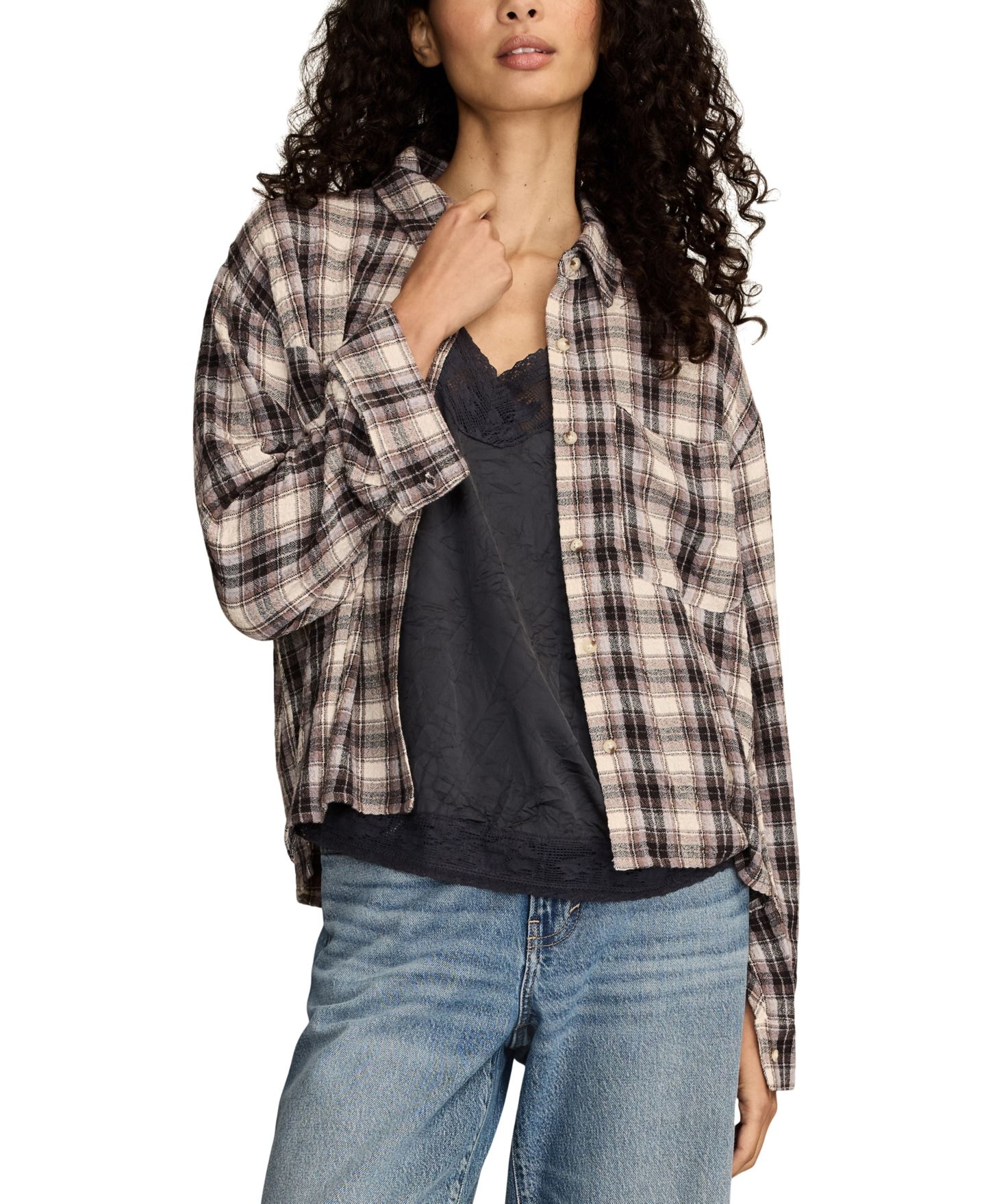 Женская рубашка Lucky Brand Cropped Plaid Drapey Long-Sleeve Shirt, цвет: Кремовый клетчатый — фото 2
