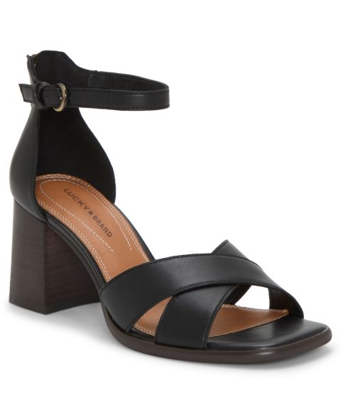 Женские сандалии Lucky Brand Herrika Stacked Heel Crisscross Dress Sandals, цвет: Чёрный гладкий кожаный