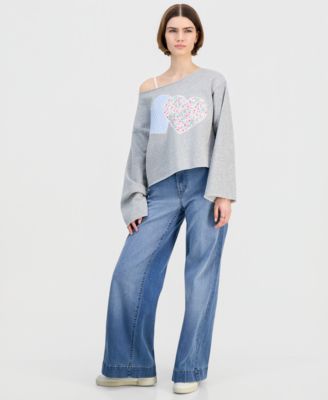 Juniors' Boat-Neck Patchwork Sweatshirt