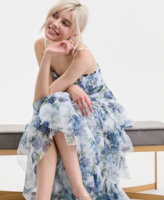 Juniors' Tiered Floral-Print Mesh Gown